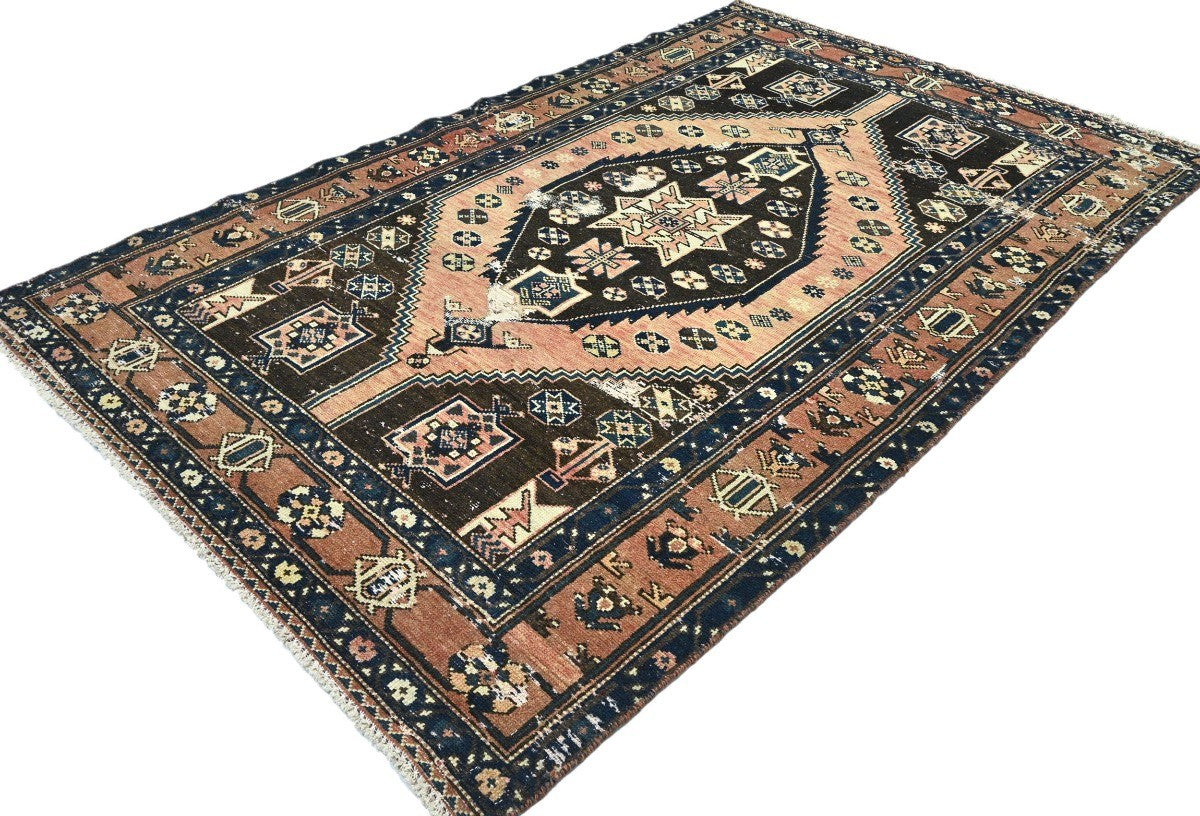 Rare Vintage Tribal Geometric Oriental Farmhouse Carpet Distressed 5x8 Rug