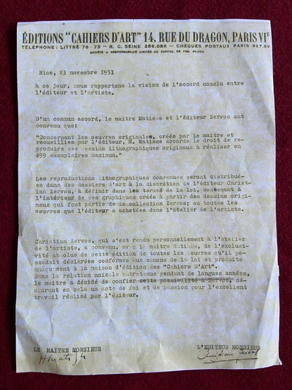 Henri Matisse Lithograph 1960 Signed Contract Numbered Stamped