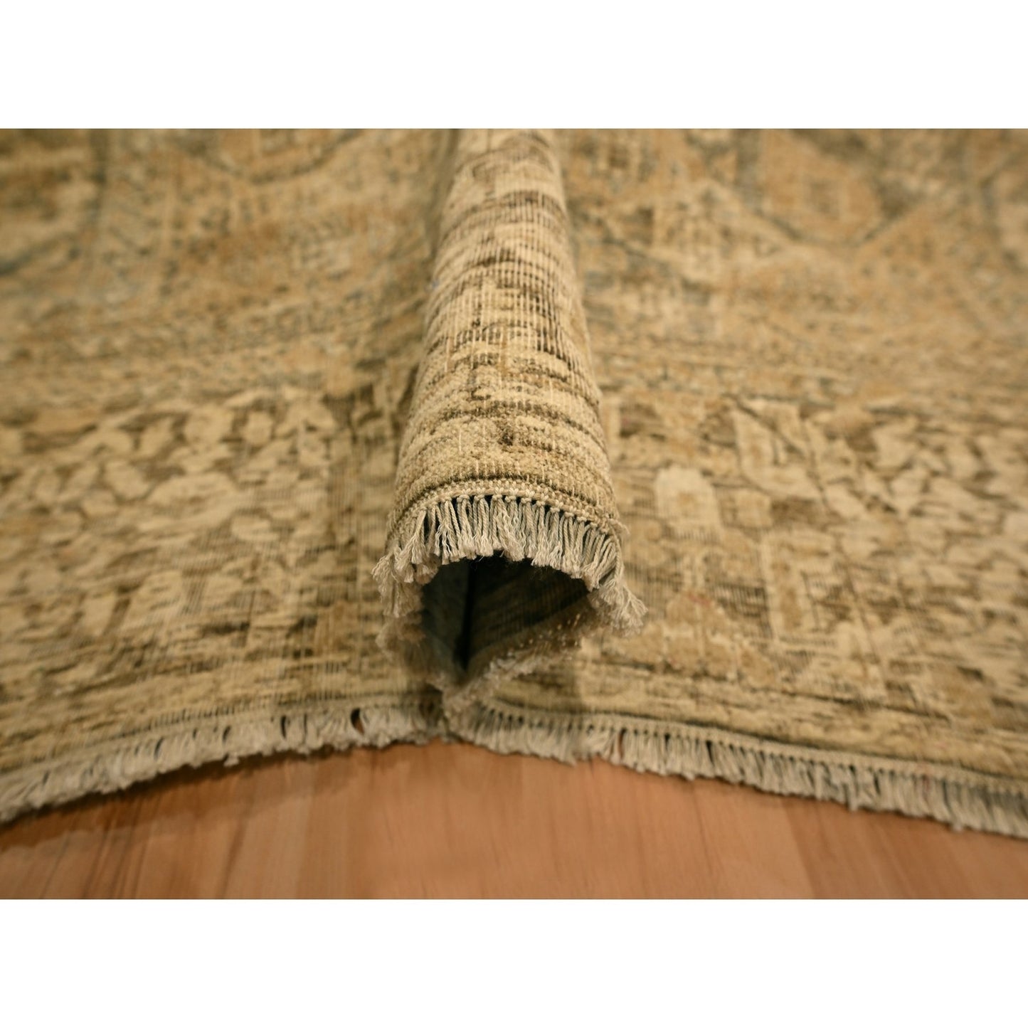 10'X13'8" Brown Mamluk Design Hand Knotted Wool Zero Pile Shaved Low Rug