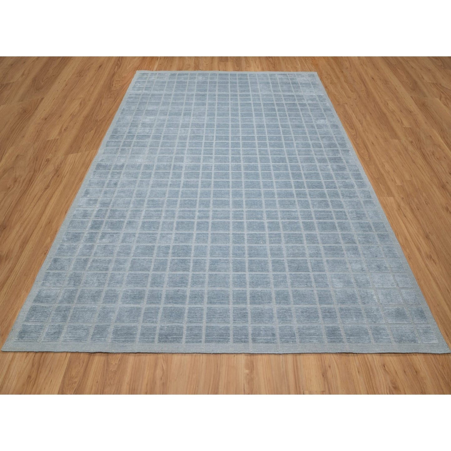 8'2"X9'10" Stone Blue Modern Erased Box Design Hand Loomed Pure Wool Rug