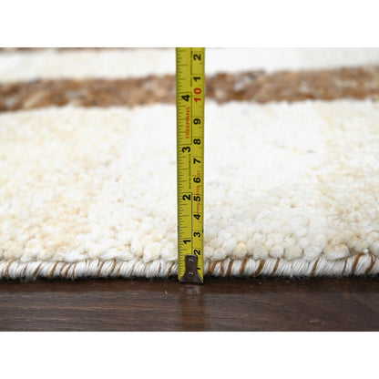 12'2"X14'10" Brown Wool Minimalist Stripe Hand Knotted Oversized Rug