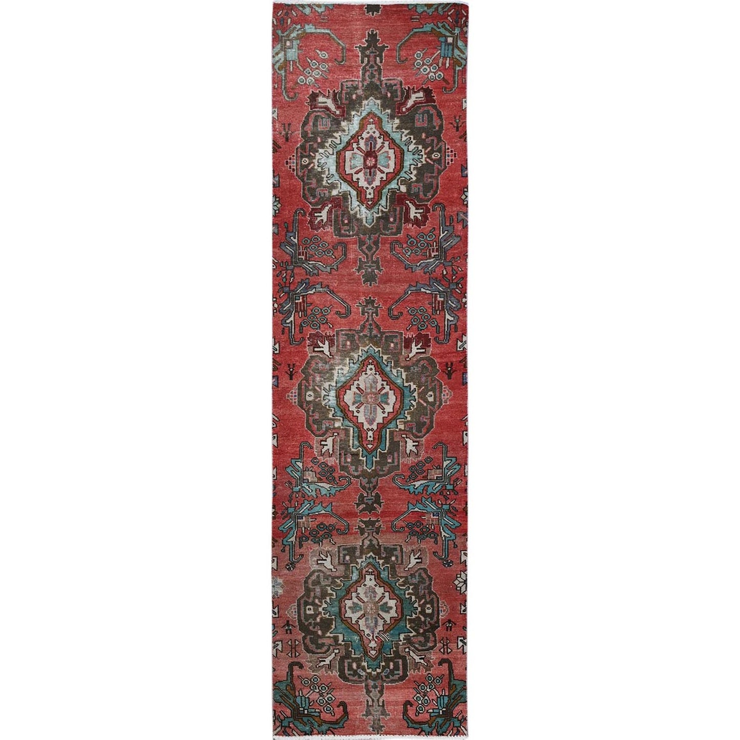 2'5"X9'6" Red Vintage Zoroastrian Tebraz Hand Knotted Pure Wool Runner Rug