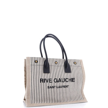 Saint Laurent Rive Gauche Shopper Tote Striped Canvas Small