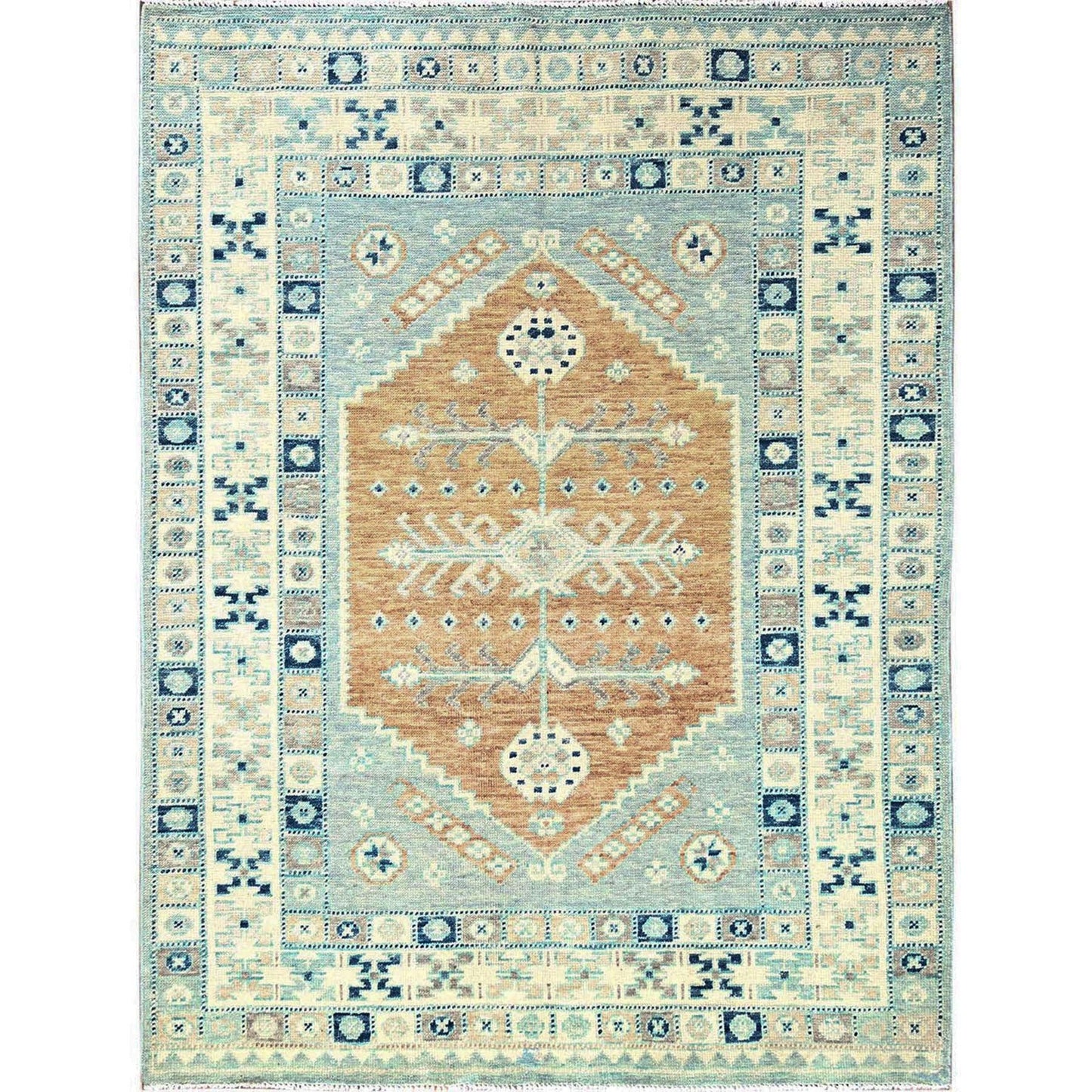 5'X6'9" Blue Wool Rug Anatolian Village Design Turkish Knot Hand Knotted