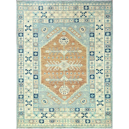 5'X6'9" Blue Wool Rug Anatolian Village Design Turkish Knot Hand Knotted