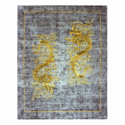 8'X10'3" Gray Golden Dragons Chinese Inspired Wool/Silk Hand Knotted Rug