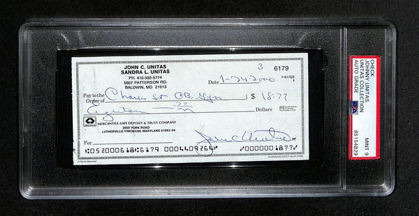 Johnny Unitas Hof Signed/Auto 2000 Bank Check Colts Psa/Dna Mint 9 192612