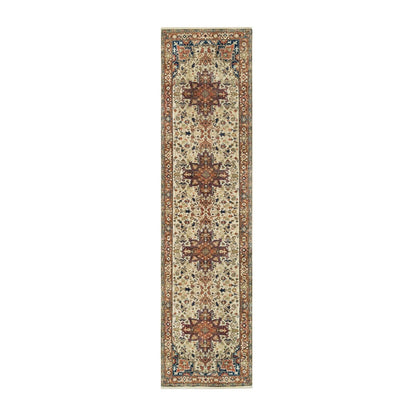 2'7"X10'3" Beige Antiqued Heriz Re-Creation Wool Hand Knotted Runner Rug