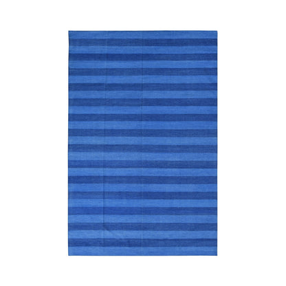 6'X9'3" Blue Pure Cotton Durie Kilim Flat Weave Hand Woven Reversible Rug