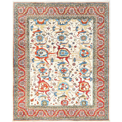 8'1"X9'9" White Wool 200 Kpsi Heris Design Hand Knotted Oriental Rug