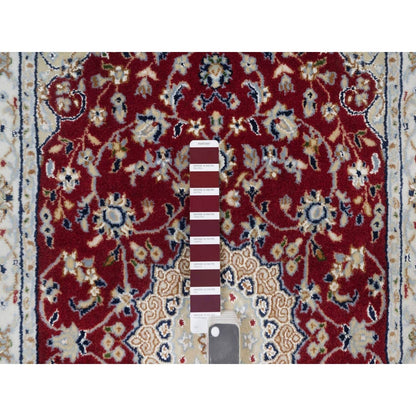 2'6"X4'1" Red Nain With Flower Design Hand Knotted Wool And Silk Mat Rug