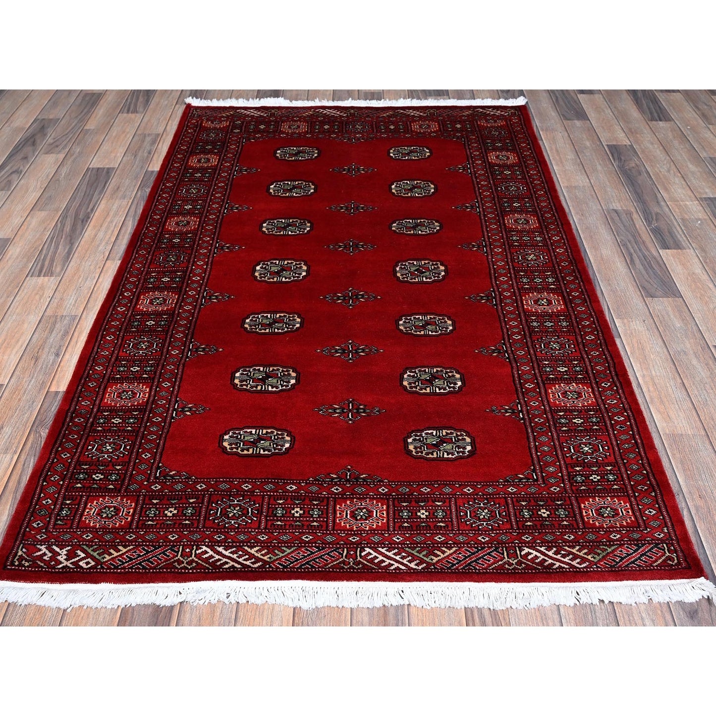 4'1"X6'3" Red Princess Bokara Tribal Medallions Soft Wool Hand Knotted Rug