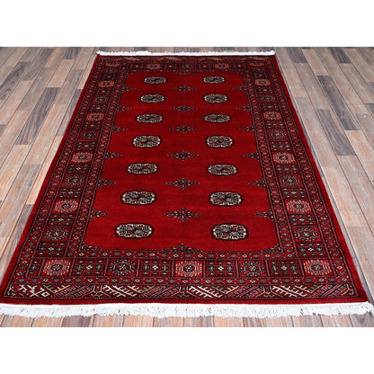 4'1"X6'3" Red Princess Bokara Tribal Medallions Soft Wool Hand Knotted Rug