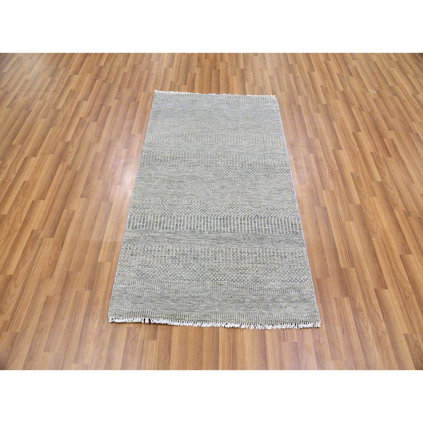 3'X5'3" Perfect Gray Undyed Wool Modern Grass Design Hand Knotted Rug