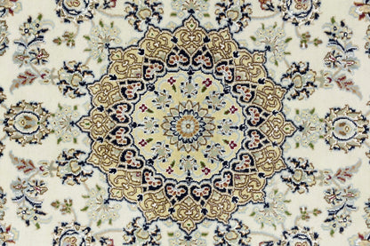 5X7 Handmade Indo-Nain Oriental Rug Cream Light Blue Floral Medallion Carpet
