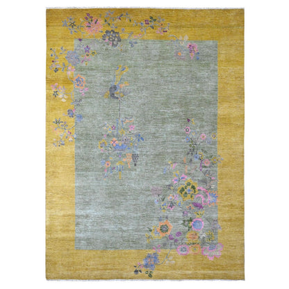 9'1"X12'5" Green Chinese Art Deco Inspired Peshawar Hand Knotted Wool Rug