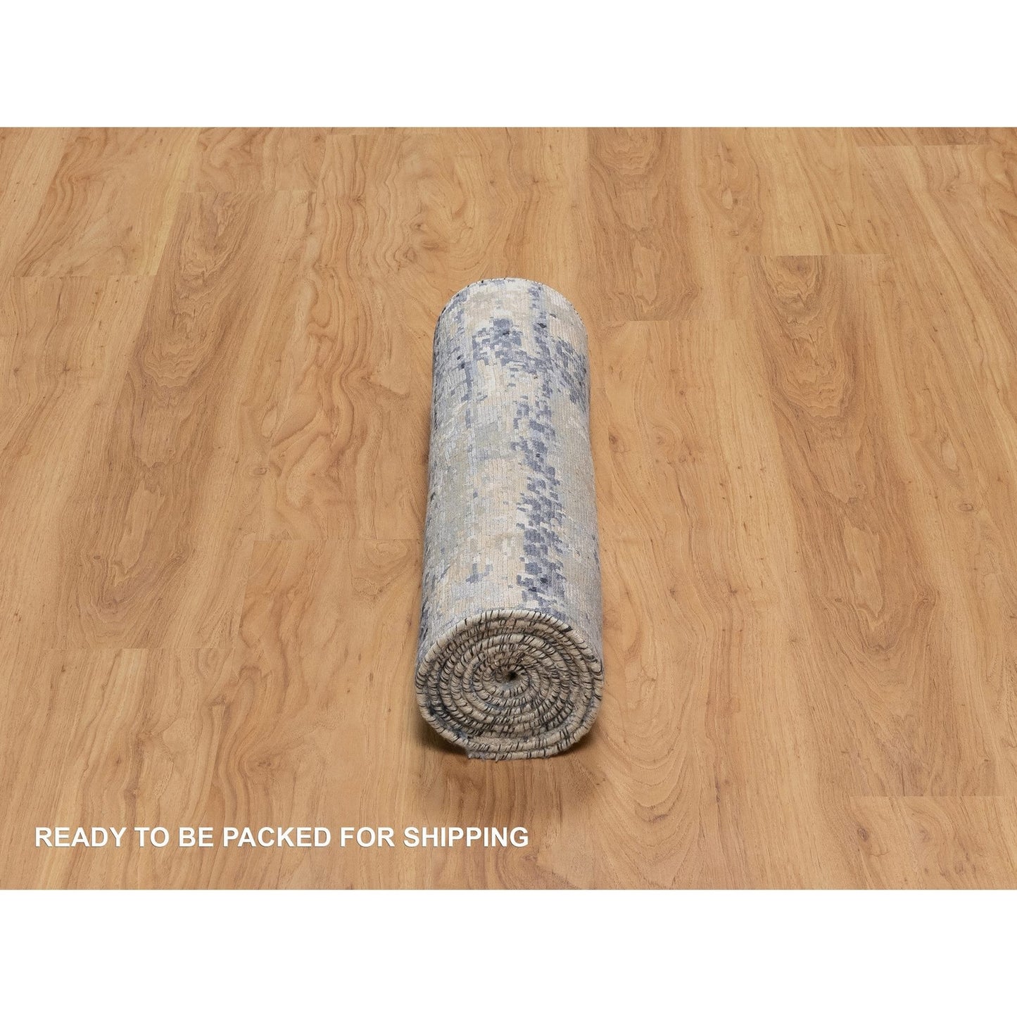 2'7"X8' Pewter Gray Modern Abstract Wool And Silk Hand Knotted Runner Rug