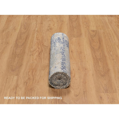 2'7"X8' Pewter Gray Modern Abstract Wool And Silk Hand Knotted Runner Rug