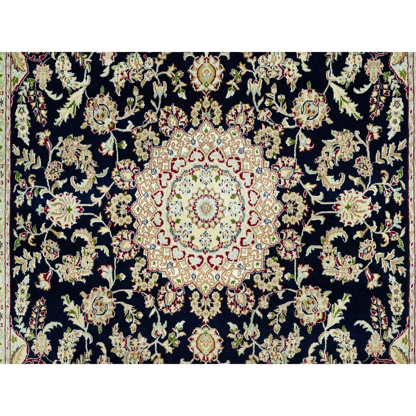 7'9"X9'9" Dark Night Blue Nain Floral Design 250 Kpsi Hand Knotted Rug