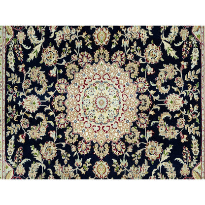 7'9"X9'9" Dark Night Blue Nain Floral Design 250 Kpsi Hand Knotted Rug
