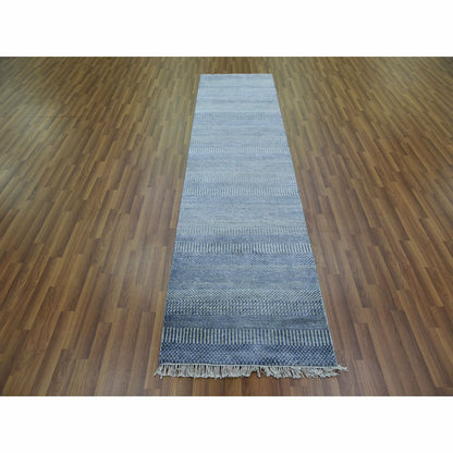 2'6"X9'10" Blue Hand Knotted Modern Grass Design Wool And Silk Runner Rug
