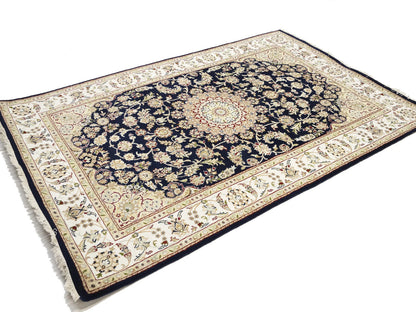 Indo-Nain Black Oriental Rug Floral Medallion