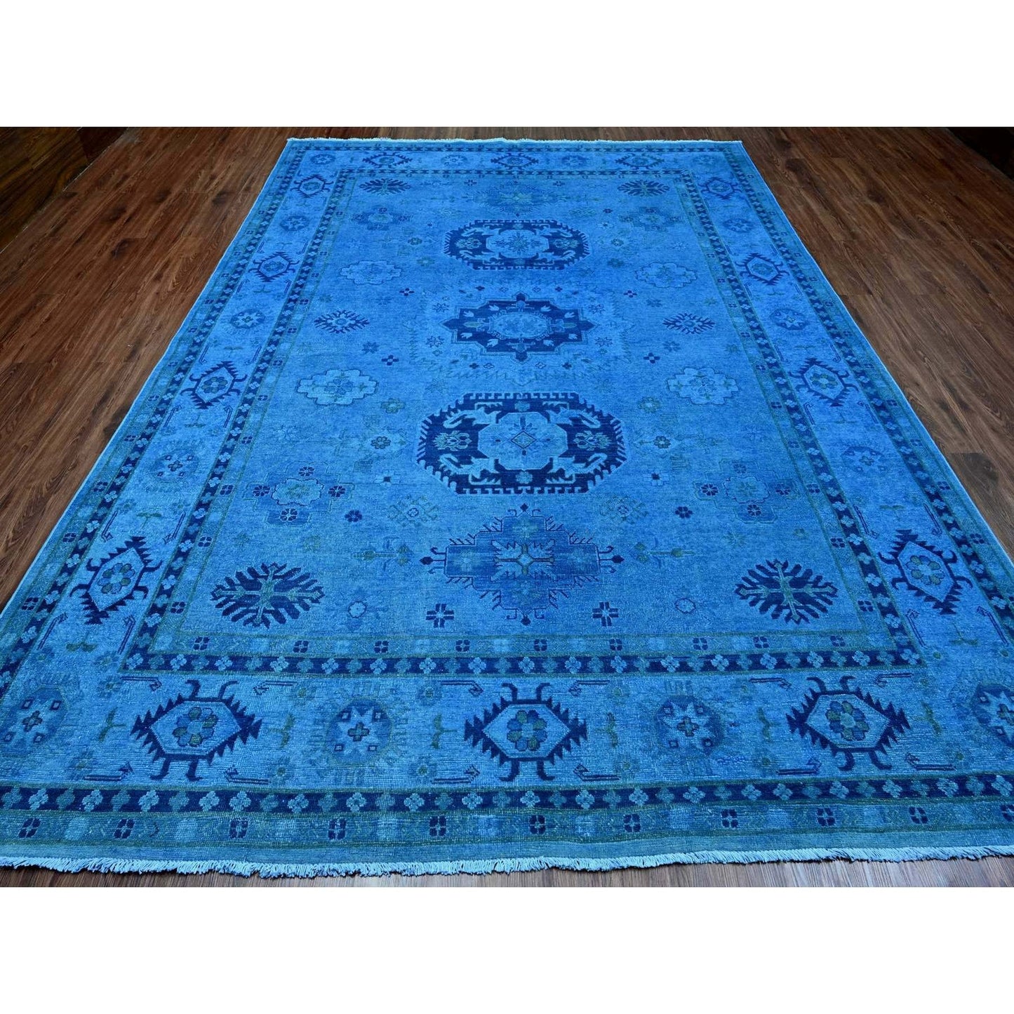 Rug 8'8"x11'9" Blue Hand Knotted Overdyed Kazak Geometric Design All Wool