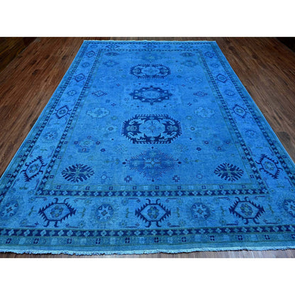Rug 8'8"x11'9" Blue Hand Knotted Overdyed Kazak Geometric Design All Wool