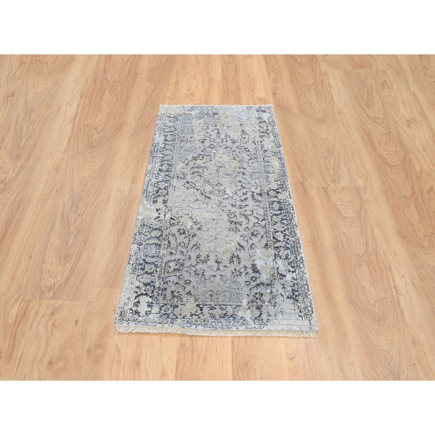 2'6"X6'1" Gray Hand Knotted Broken Kishoon Design Wool/Silk Runner Rug