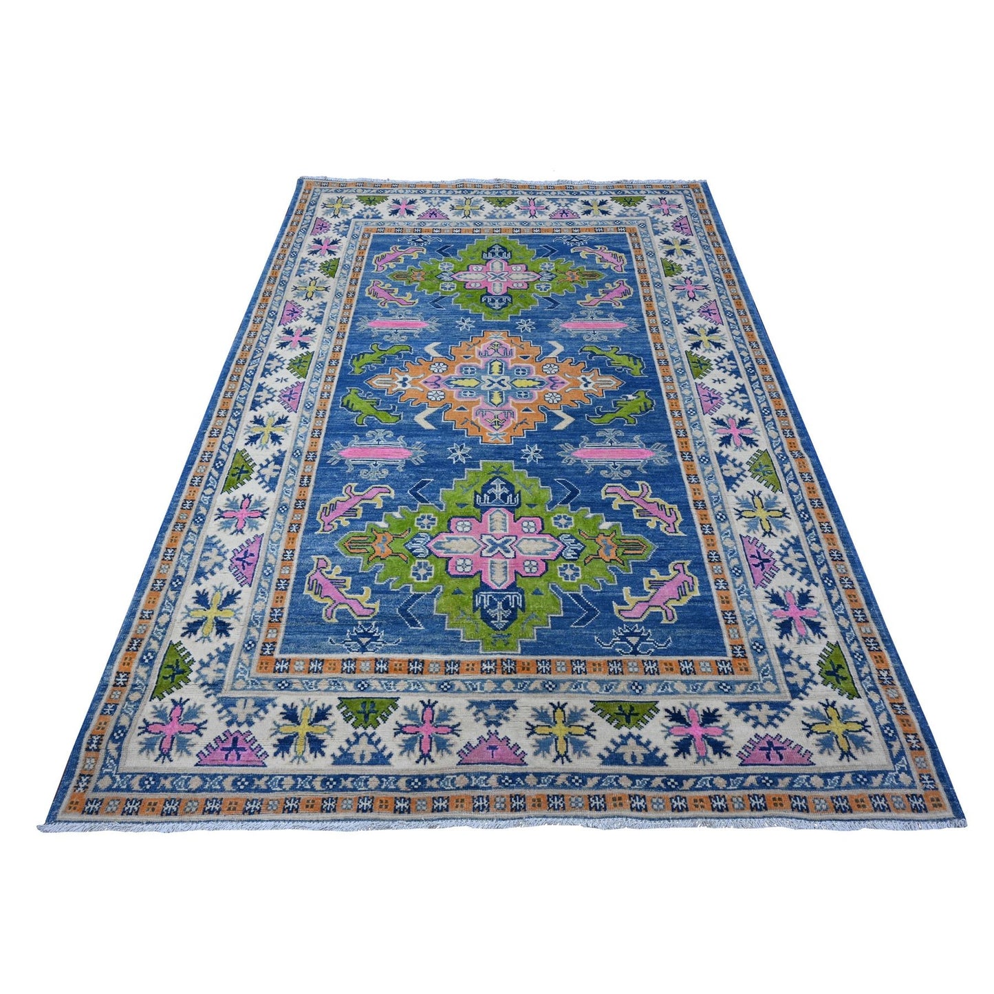 5'5"X7'9" Chelsea Blue Fusion Kazak Soft Wool Hand Knotted Oriental Rug