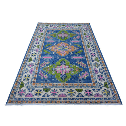 5'5"X7'9" Chelsea Blue Fusion Kazak Soft Wool Hand Knotted Oriental Rug