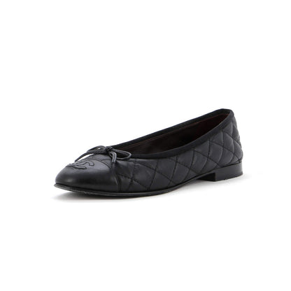 Chanel Women'S Cc Cap Toe Bow Ballerina Flats Quilted Leather