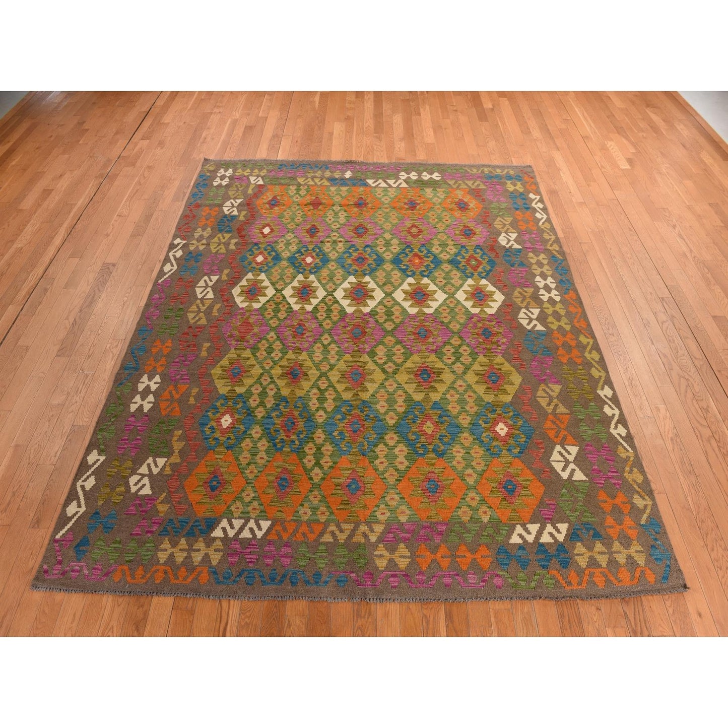 8'2"X9'6" Brown Colorful Afghan Kilim Pure Wool Flat Weave Hand Woven Rug