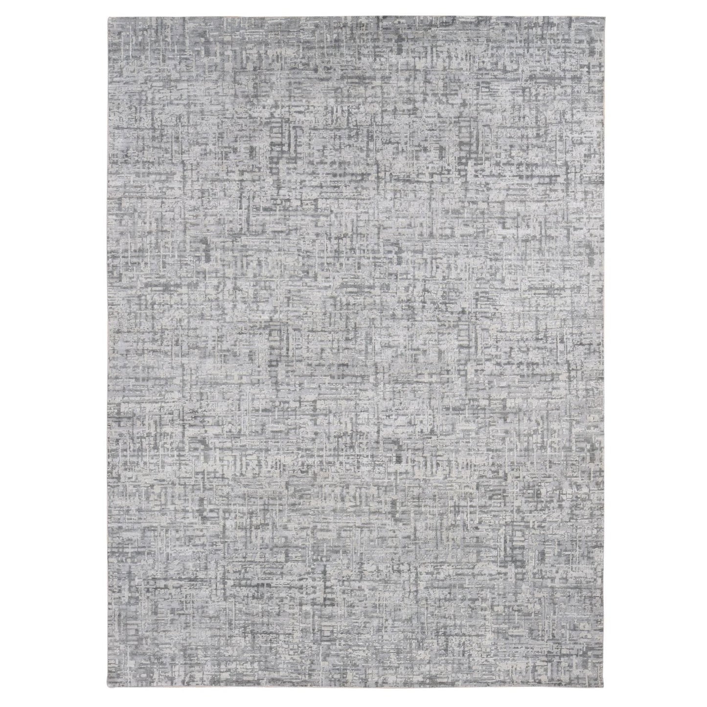 9'2"X12'3" Gray The Matrix Design Silk And Wool Hand Knotted Rug