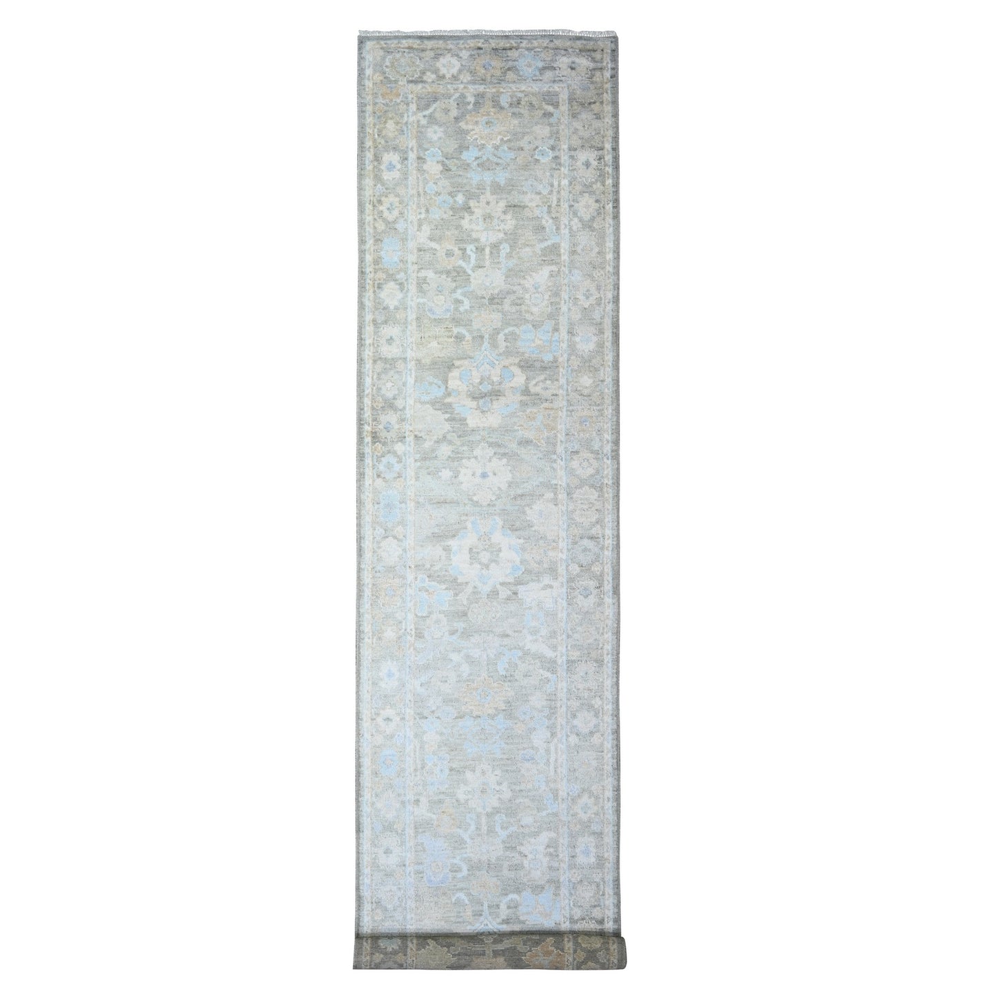 3'X15'9" Olive Gray Hand Knotted Afghan Angora Oushak Wool Xl Runner Rug