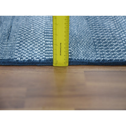 2'9"X11'4" Blue Modern Grass Design Wool And Silk Hand Knotted Runner Rug