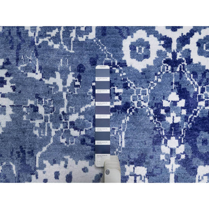 9'X12' Yale Blue Hand Knotted Tebraz With Leaf Motifs Wool And Silk Rug