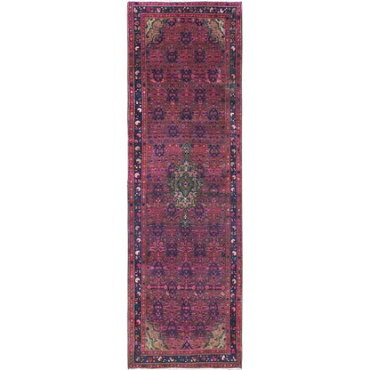 3'4"X10'8" Purple Overdyed Hand Knotted Old Hamadan Wide Long Runner Rug