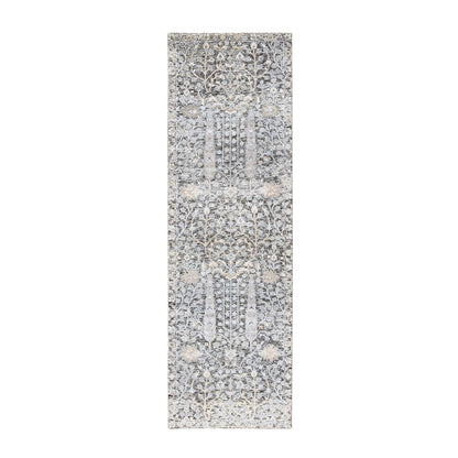 2'7"X8'3" Silver Silk/Wool Hand Knotted Willow And Cypress Runner Rug