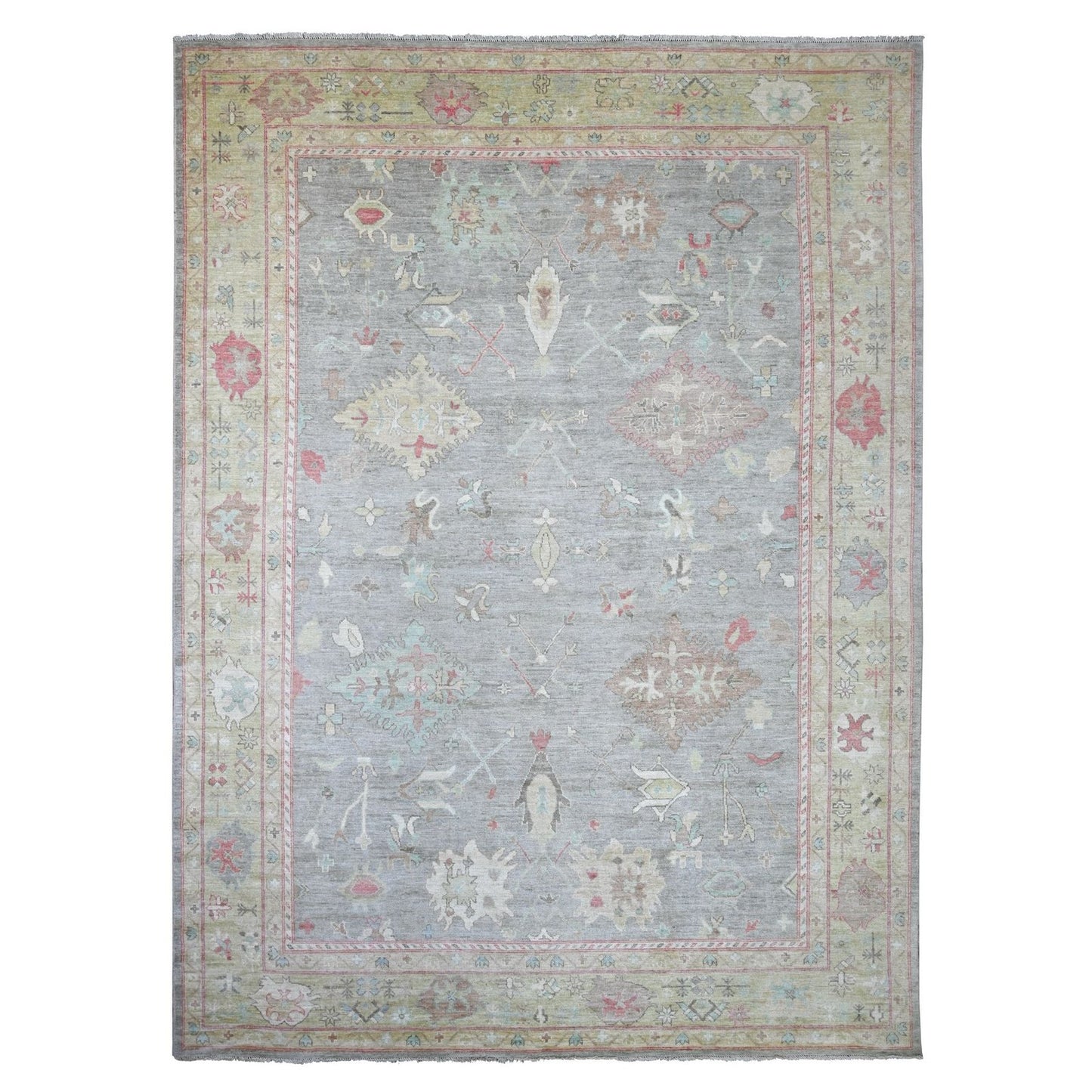 Rug Gray Afghan Angora Oushak Pure Wool Hand Knotted 10'x13'7