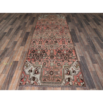 3'X8'6" Faded Red Vintage Zoroastrian Khamadan Hand Knotted Wool Runner Rug