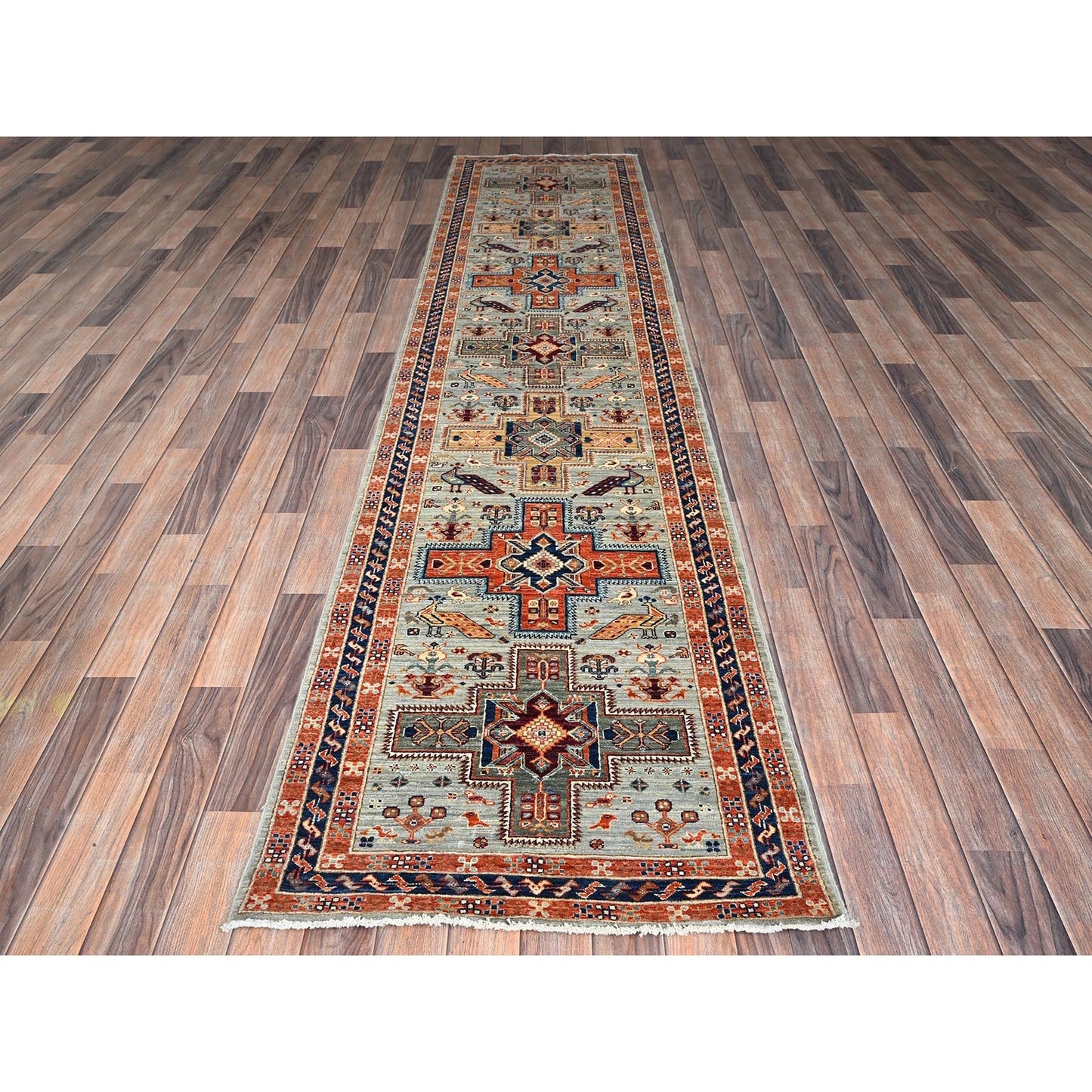 2'7"X11'3" Gray Caucasian Design 200 Kpsi Hand Knotted Wool Runner Rug