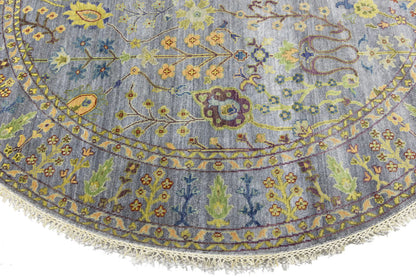 Hand-Knotted Round Oriental Rug Floral Osh Chobi