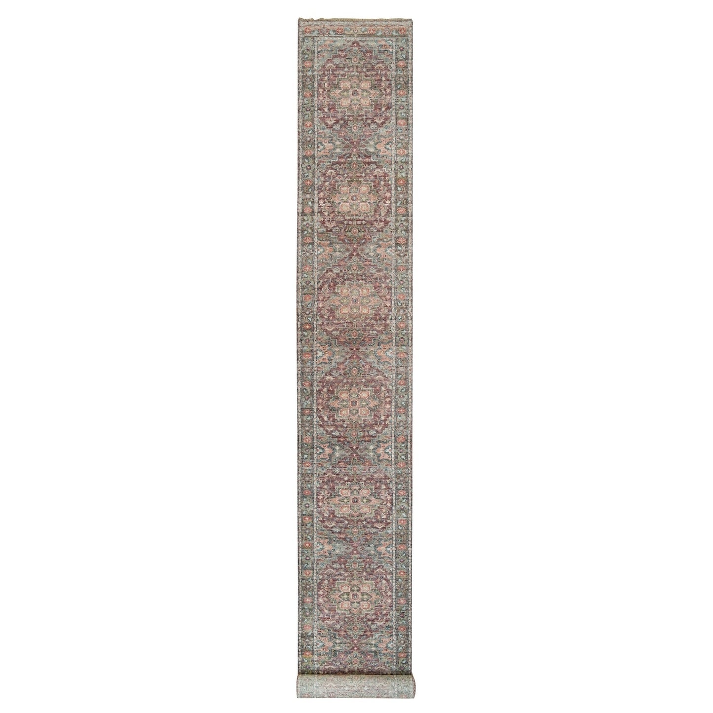2'6"X19'8" Prune Red Heriz Revival Hand Knotted All Wool Xl Runner Rug