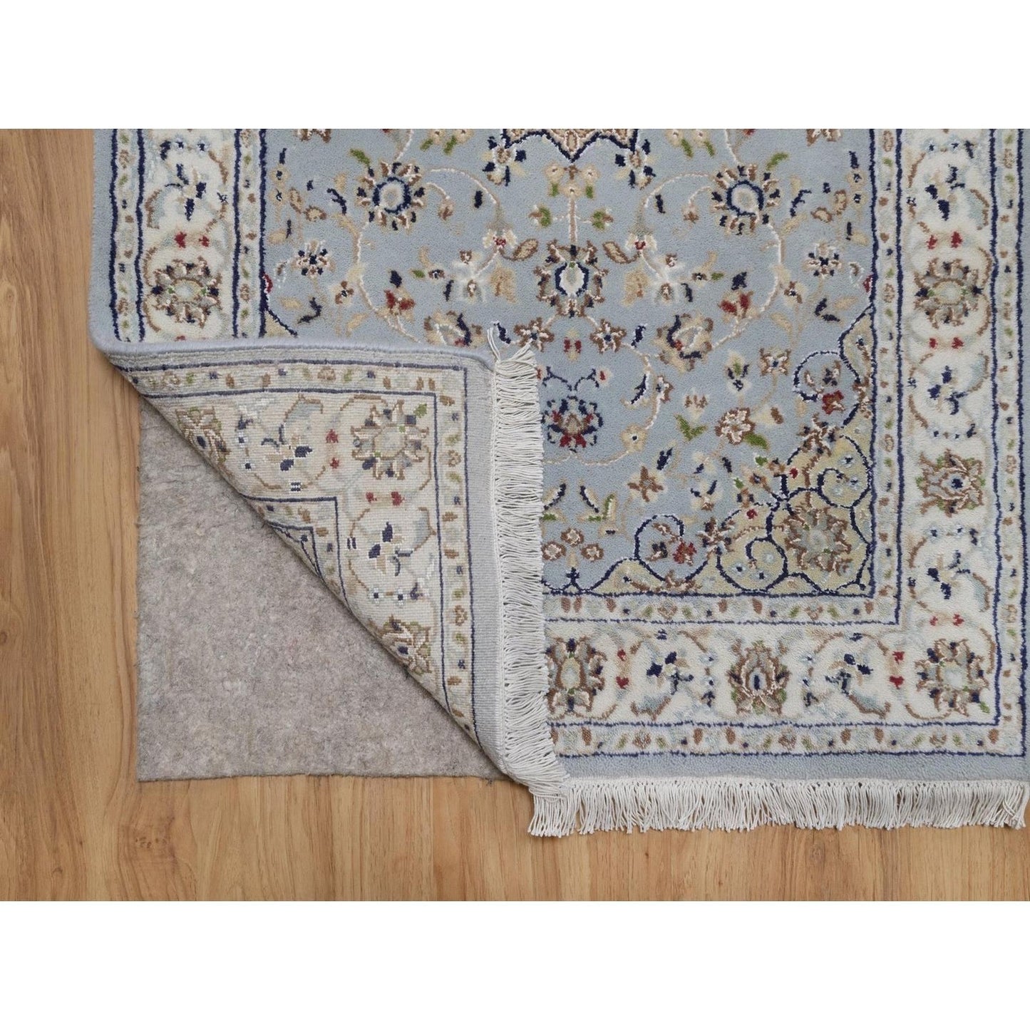 2'7"x16'2" Light Blue Nain 250 KPSI Hand Knotted Wool and Silk Runner Rug