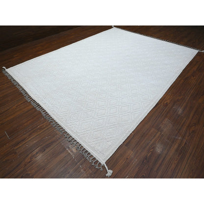9'1"X12'1" Ivory Hand Knotted Wool Moroccan Diamond Repetitive Design Rug