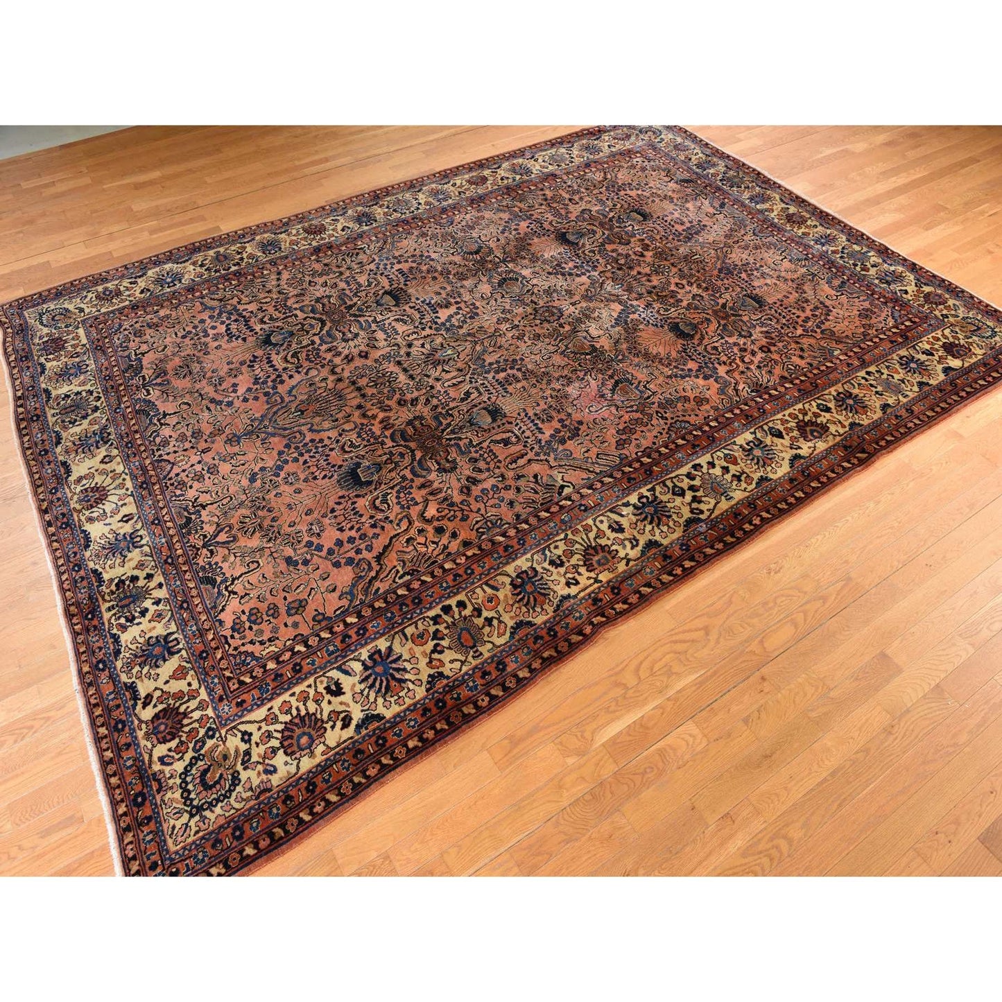 9'10"X13'7" Coral Salmon Antique Zoroastrian Pure Wool Hand Knotted Rug