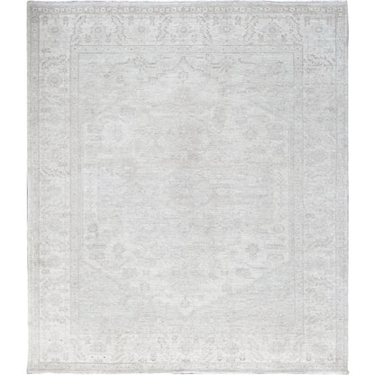 8'X9'9" Bone White Washed Out Peshawar Hand Knotted Pure Wool Oriental Rug