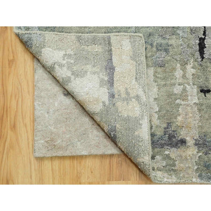 4'X6' Silver, Blue Wool And Silk Modern Abstract Design Hand Knotted Rug