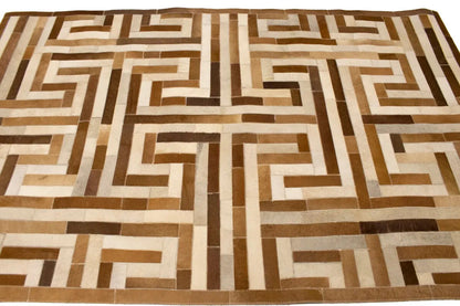 Handcrafted Brown Beige Cowhide Leather Rug